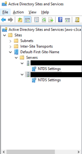 Active Directory Sites and Services window showing expanded hierarchy with NTDS Settings.