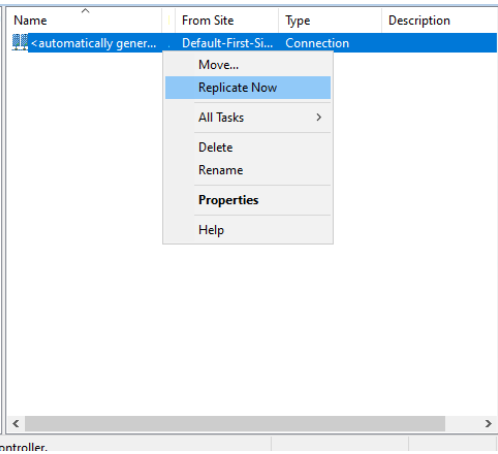 Context menu showing "Replicate Now" option selected for a server in NTDS Settings window.