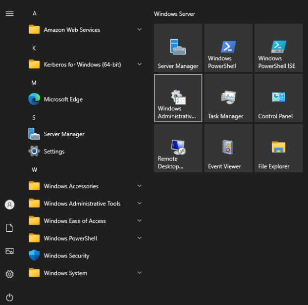 Windows Server start menu showing administrative tools and system management options.