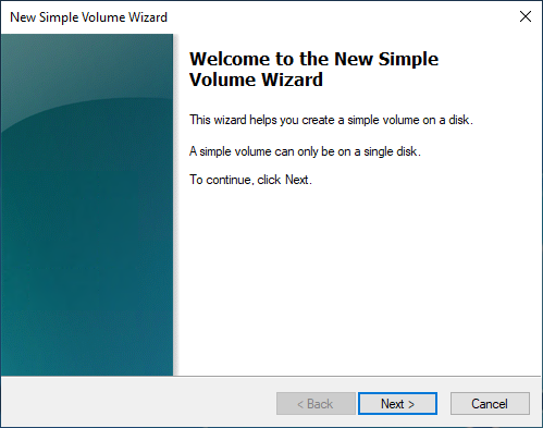 開始 New Simple Volume Wizard (新增簡易磁碟區精靈)。