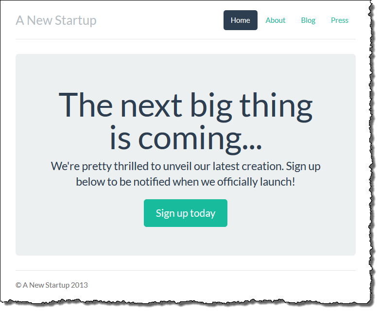 Startup landing page with teaser message and sign-up button for upcoming product launch.