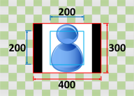 Diagram showing a blue figure icon centered within a frame with dimensions labeled.