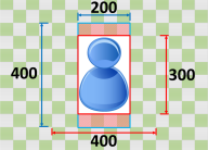 Blue figure icon with dimensions and grid background indicating size specifications.