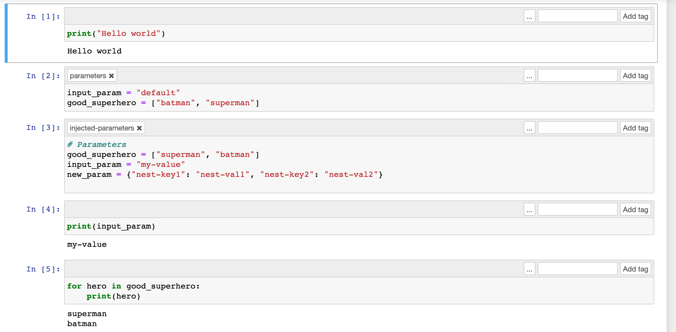 Jupyter 筆記本儲存格顯示在儲存格 3 中覆寫值的參數注入。