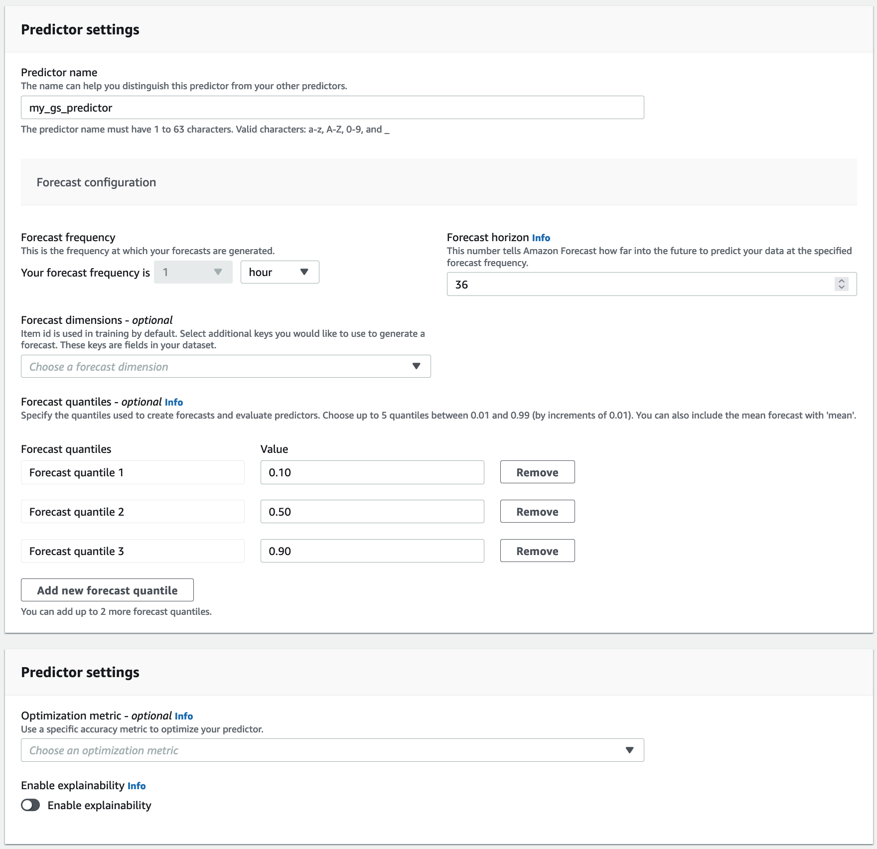 Predictor settings interface showing name, forecast configuration, and quantile options.