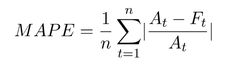 Mathematical formula for Mean Absolute Percentage Error (MAPE) calculation.