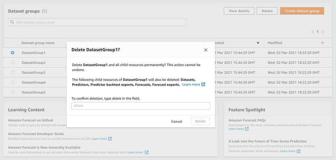 Confirmation dialog for deleting DatasetGroup1, showing affected resources and input field.