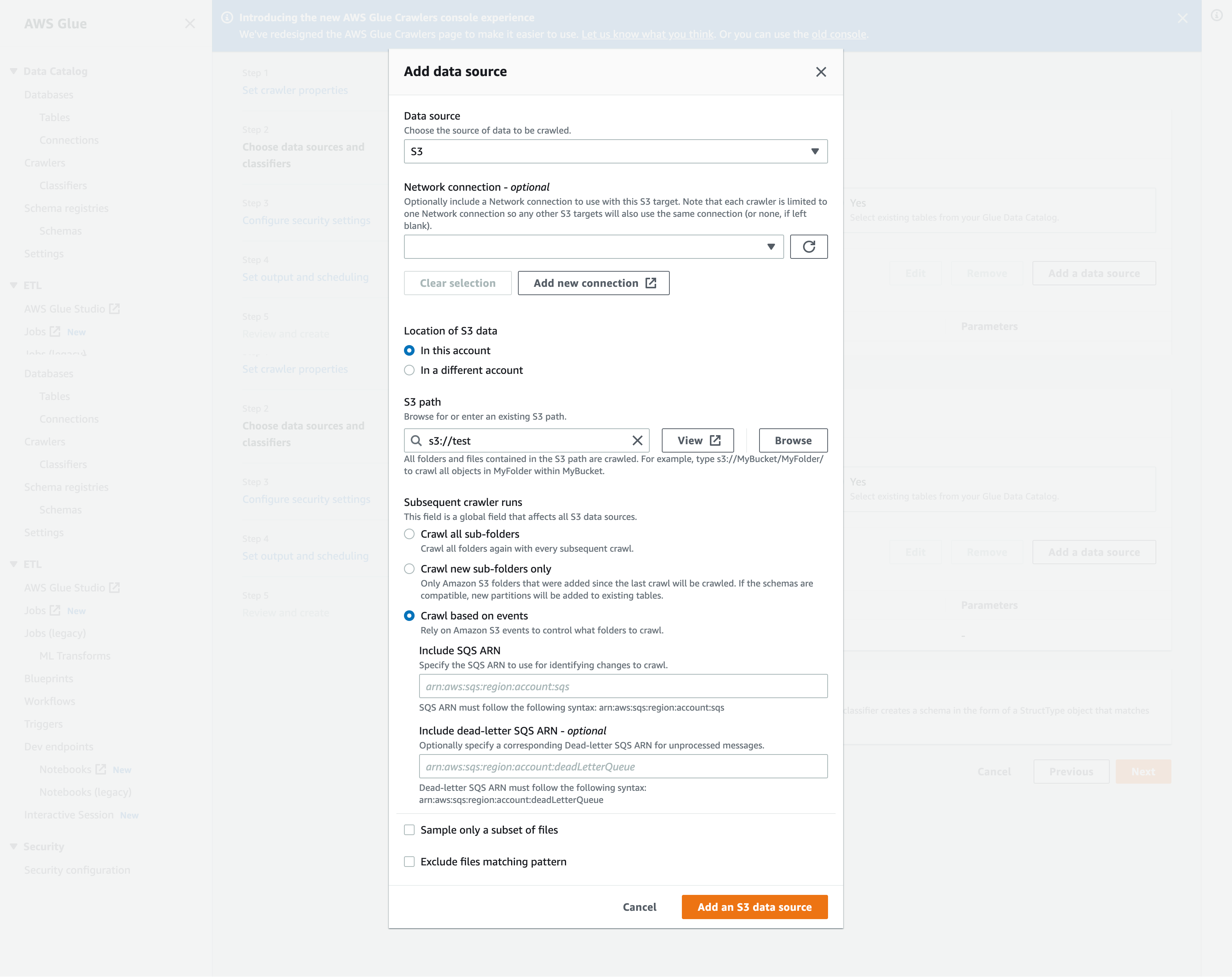 Add data source dialog for S3, showing options for network connection and crawl settings.