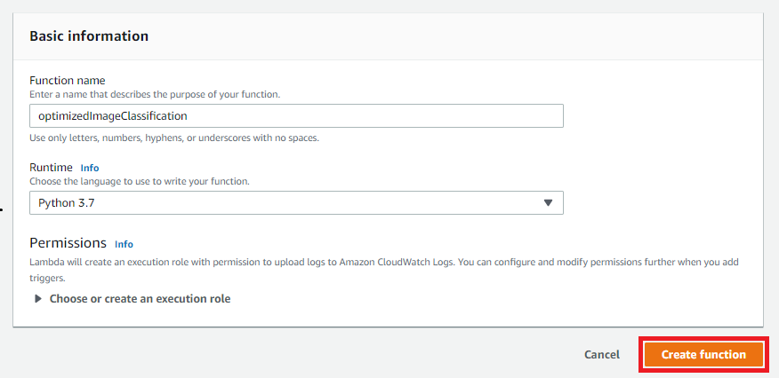 Create function (建立函數) 頁面的 Basic information (基本資訊) 區段。