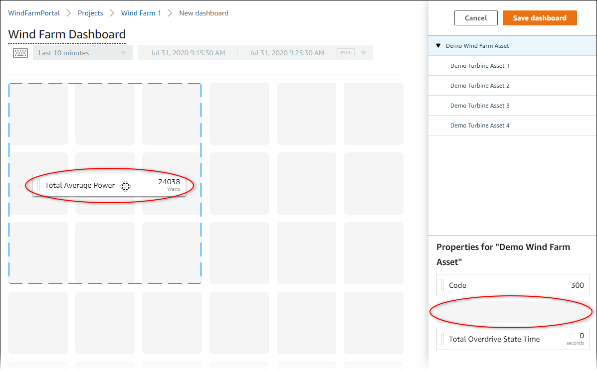 具有「平均總功率」性質的「儀表板」編輯頁面，將資產屬性拖曳至儀表板。