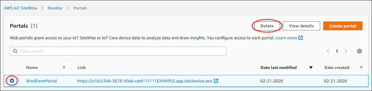 "Portals" (入口網站) 頁面，風力發電廠入口網站和 "Delete" (刪除) 已反白。