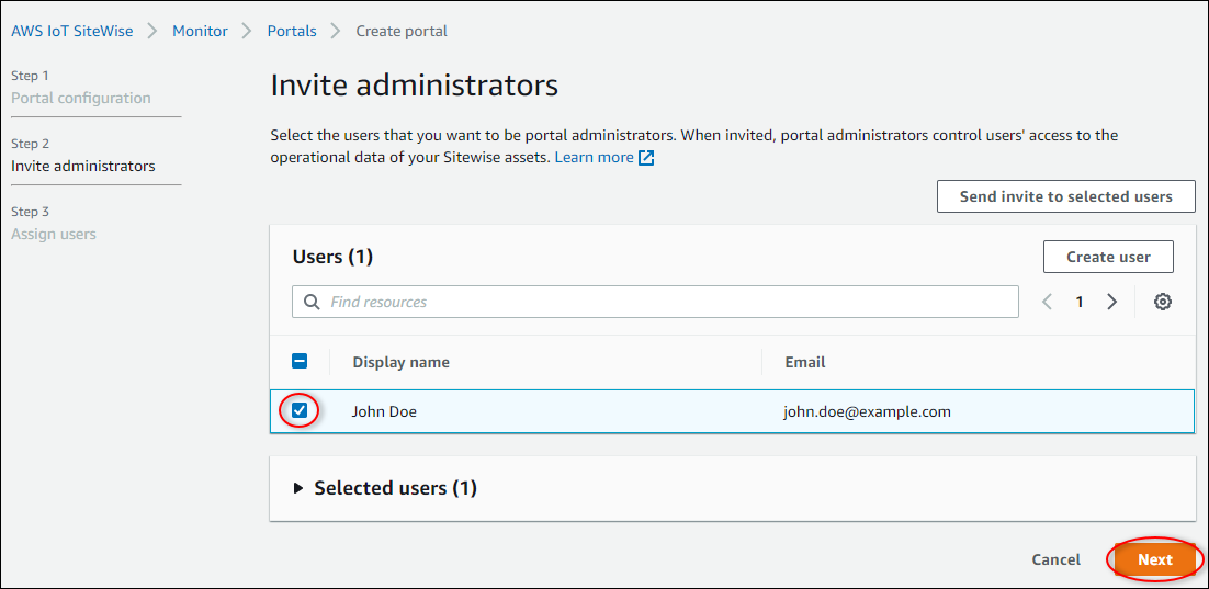 "Create portal" (建立入口網站) 程序的 "Invite administrators" (邀請管理員) 頁面。