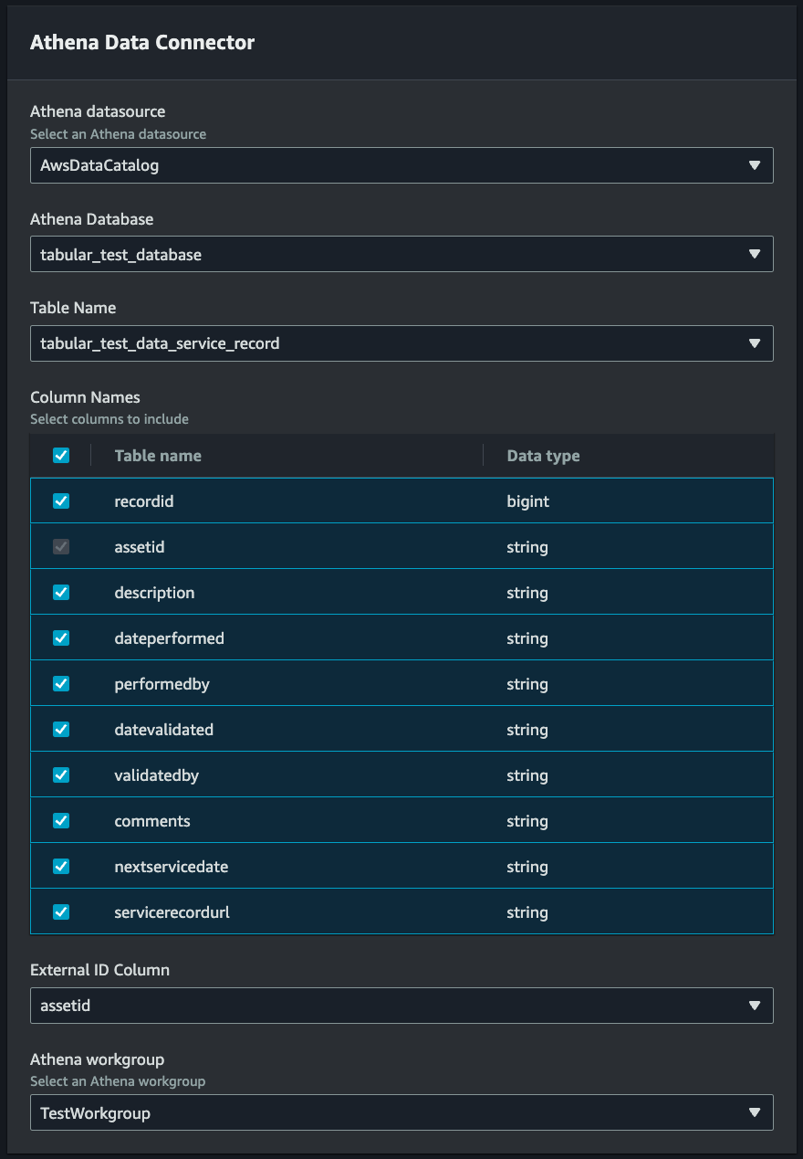 Athena Data Connector 主控台頁面可讓您選擇資料來源、資料庫、資料表名稱和資料欄。