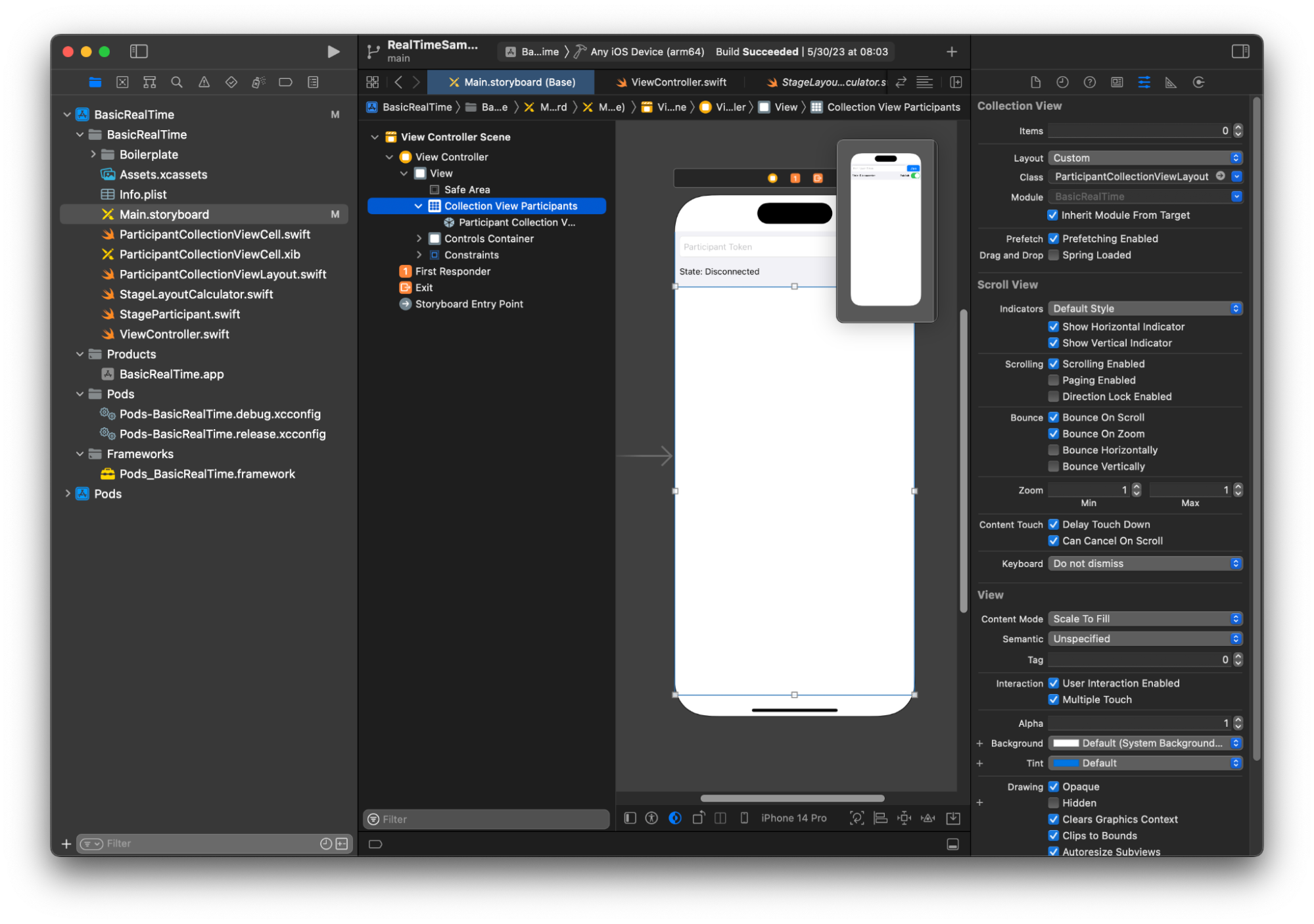 Xcode interface showing storyboard with UICollectionView and its layout settings.