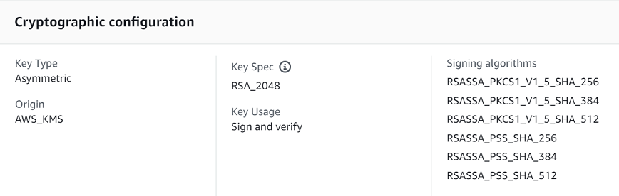 非對稱 KMS 金鑰的 Cryptographic configuration (密碼編譯組態) 索引標籤