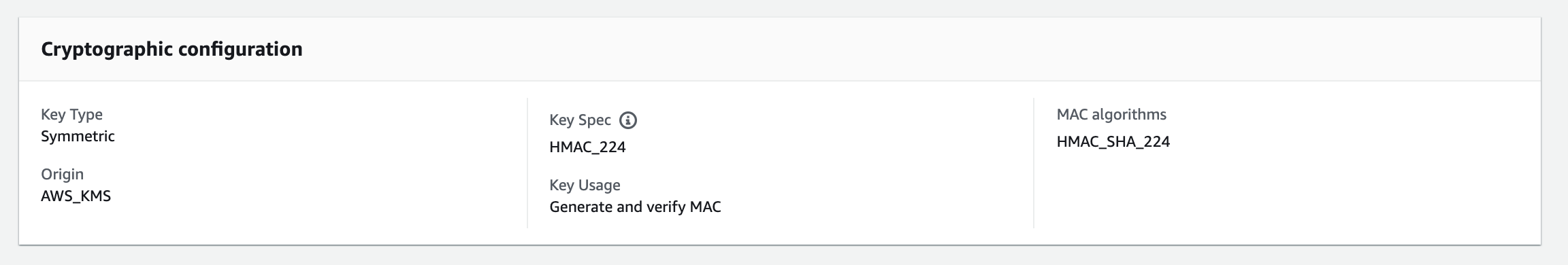 Cryptographic configuration details for a symmetric HMAC KMS key, including key spec and usage.