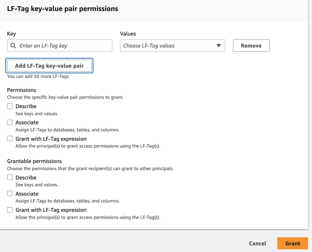 Interface for adding LF-Tag key-value pairs and setting associated permissions.