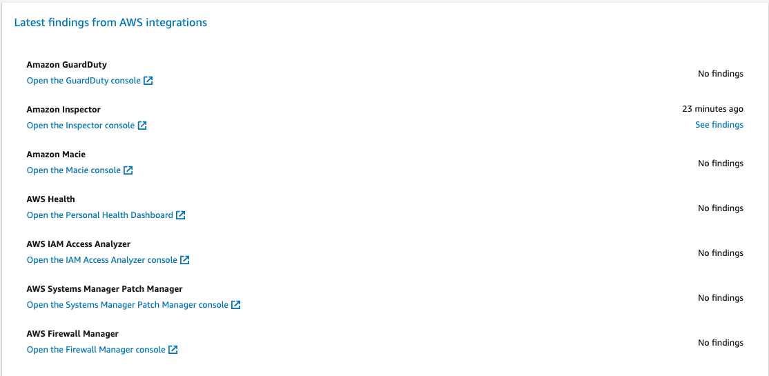 Security Hub console "Latest findings from AWS integrations" section