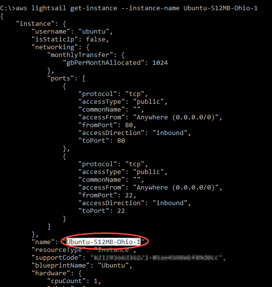 AWS CLI Lightsail get-instances 操作的輸出。