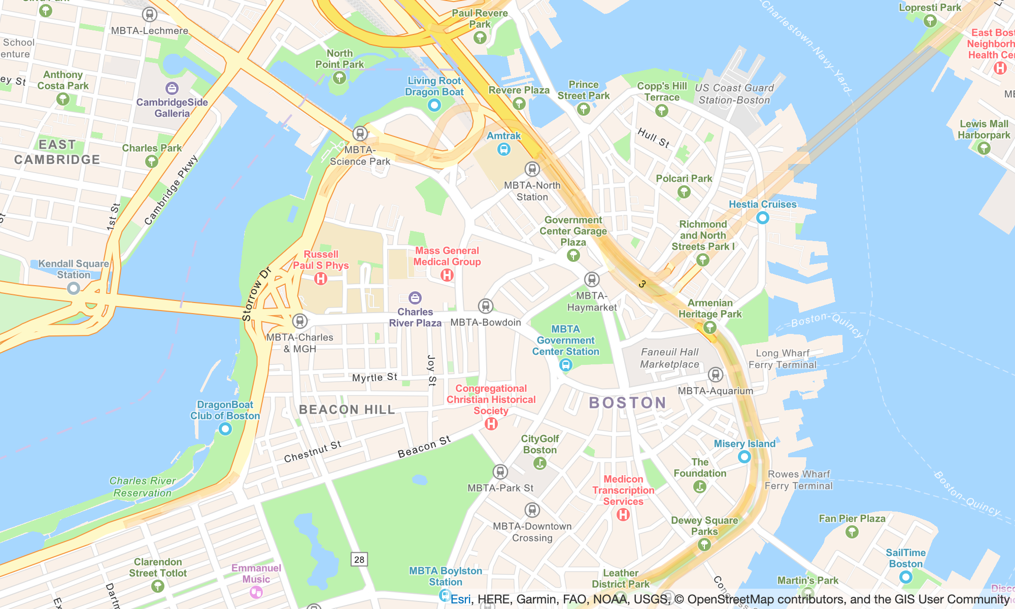 Map of Boston area showing neighborhoods, parks, transit stations, and waterways.