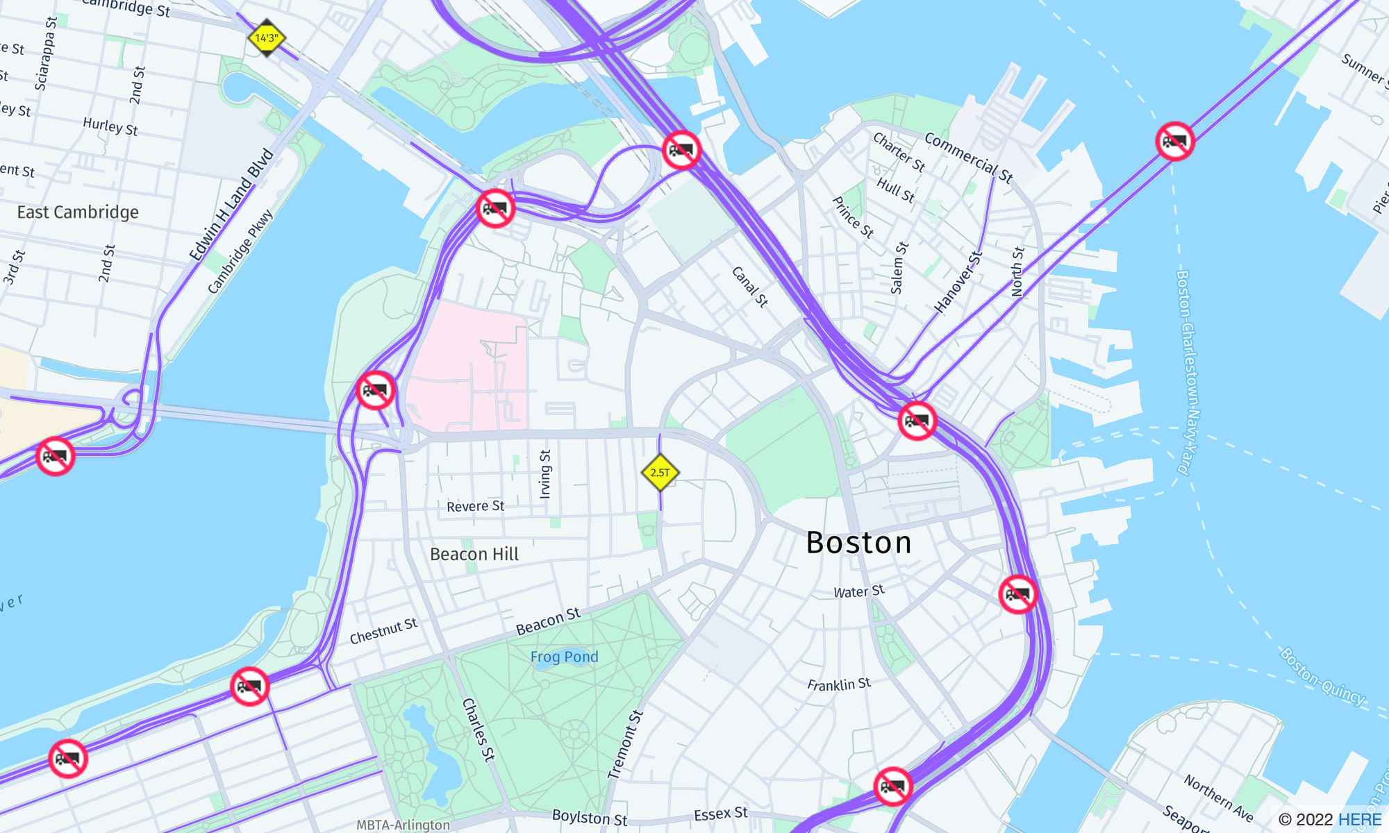 Map of Boston showing major streets, waterways, and no-truck zones marked with red circular icons.