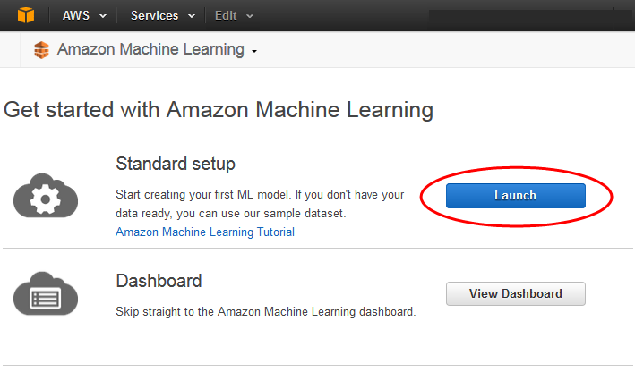 Amazon Machine Learning interface with "Launch" button highlighted for standard setup.