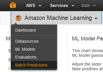 Amazon Machine Learning dropdown menu with Batch Predictions option highlighted.