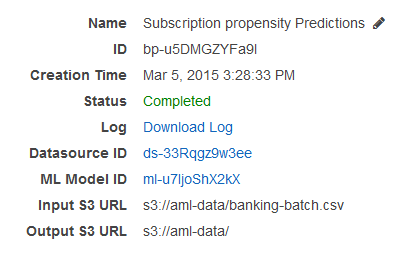 Batch prediction details including name, ID, status, and associated data sources and models.