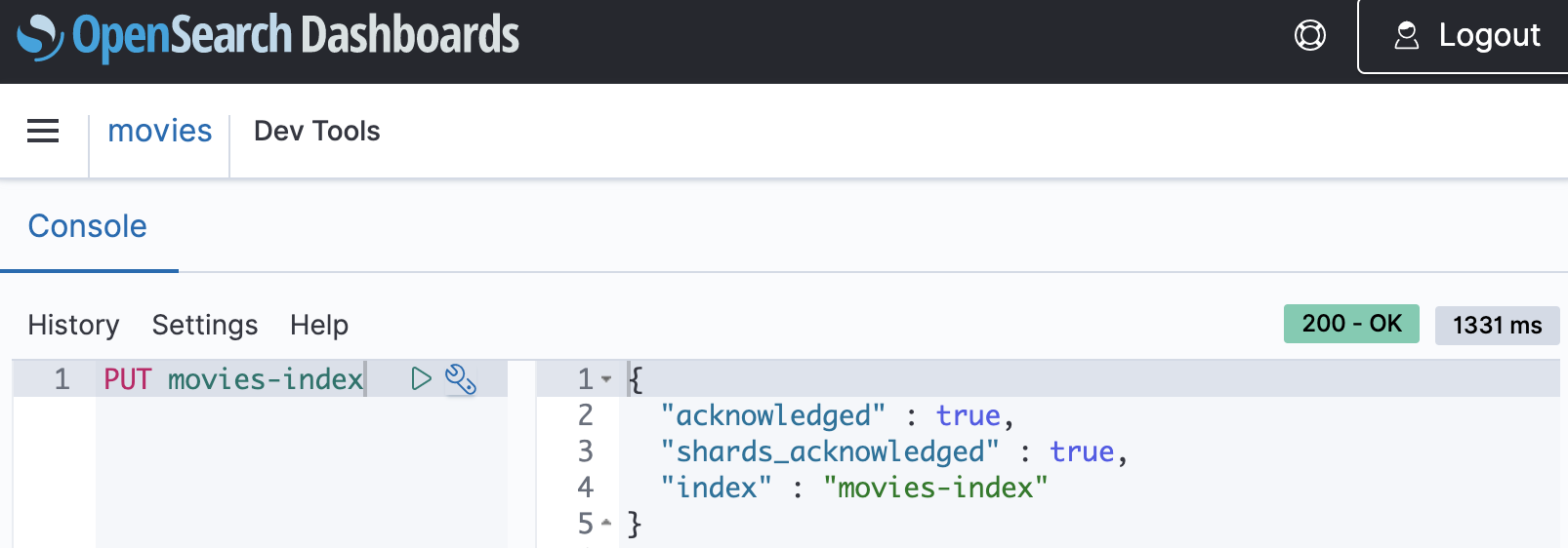 OpenSearch Dashboards console showing PUT request for movies-index with JSON response.