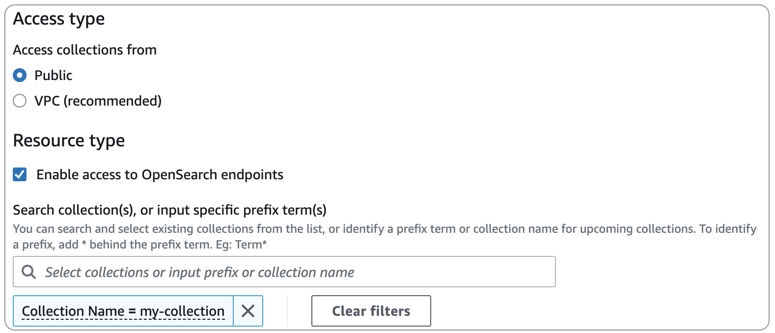 Access type and resource type options for configuring network policies in OpenSearch.