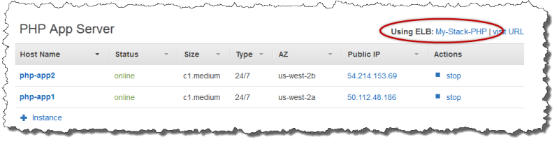 PHP App Server table showing two online instances with their details and status.