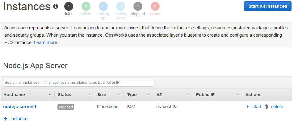 Node.js App Server instance details showing one stopped server in us-west-2a.