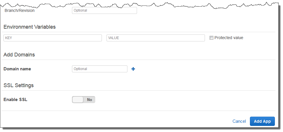 Application configuration form with environment variables, domain settings, and SSL options.