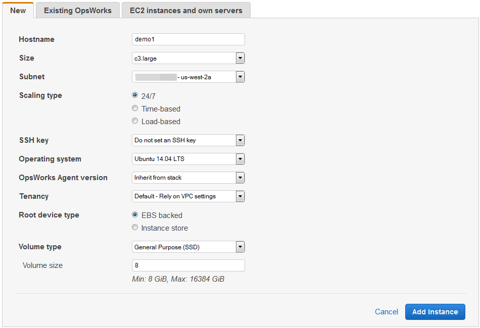 Form for configuring a new EC2 instance with options for hostname, size, subnet, and other settings.