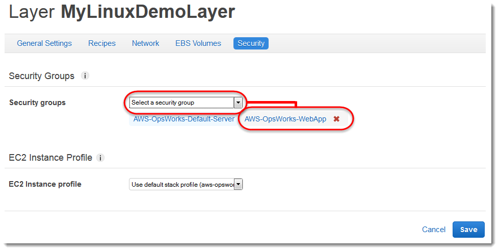 Security settings interface showing security group selection and EC2 instance profile options.