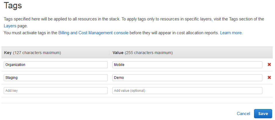 Tags interface showing key-value pairs for Organization and Staging, with options to add or delete tags.