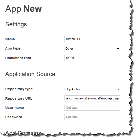 Application settings form with fields for name, app type, document root, and source details.