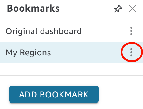 Bookmarks pane showing "My Regions" with a context menu icon highlighted in red.