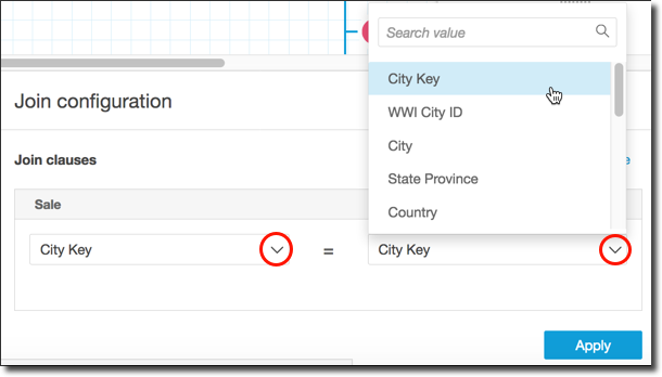 Join configuration interface showing City Key selection in dropdown and join clause setup.