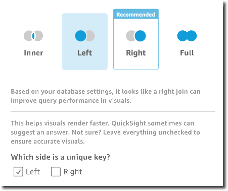 Join types diagram showing Inner, Left, Right, and Full, with Right highlighted as recommended.