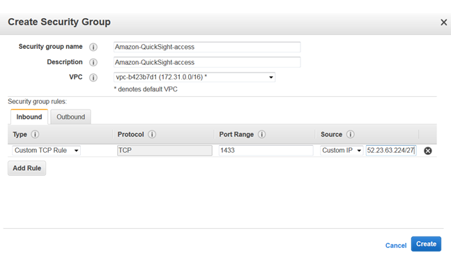 Security group creation interface with name, description, VPC, and inbound rule settings.