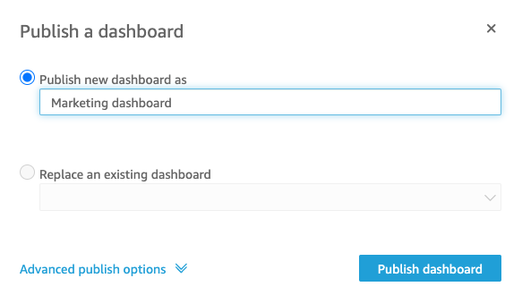 Dialog box for publishing a new dashboard with name input field and options.