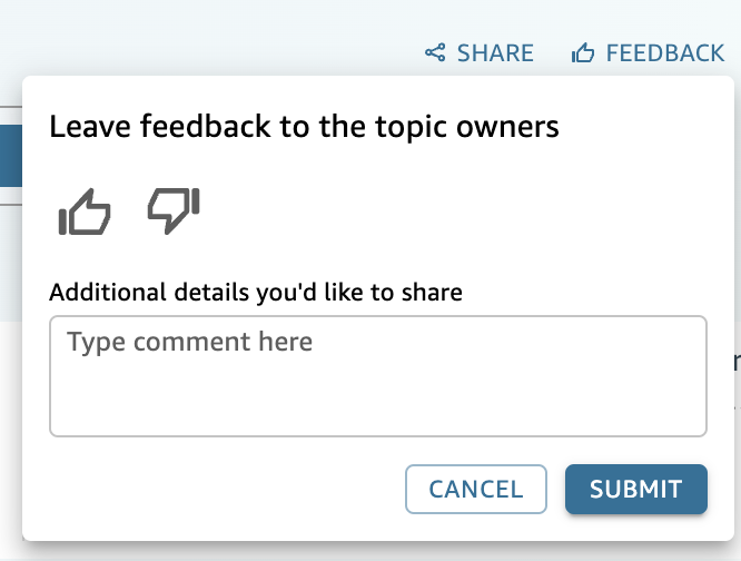 Feedback form with thumbs up/down icons and a text field for additional comments.