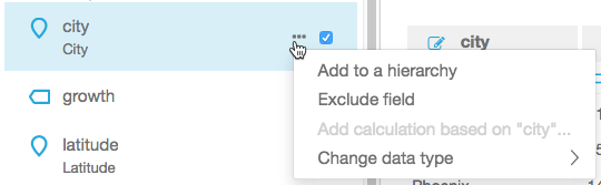 Dropdown menu with options to add field to hierarchy, exclude, or change data type.