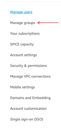 Menu options for account management, with "Manage groups" highlighted by an arrow.