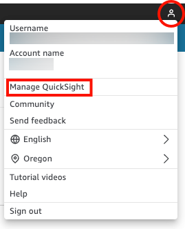 管理 QuickSight 選單。