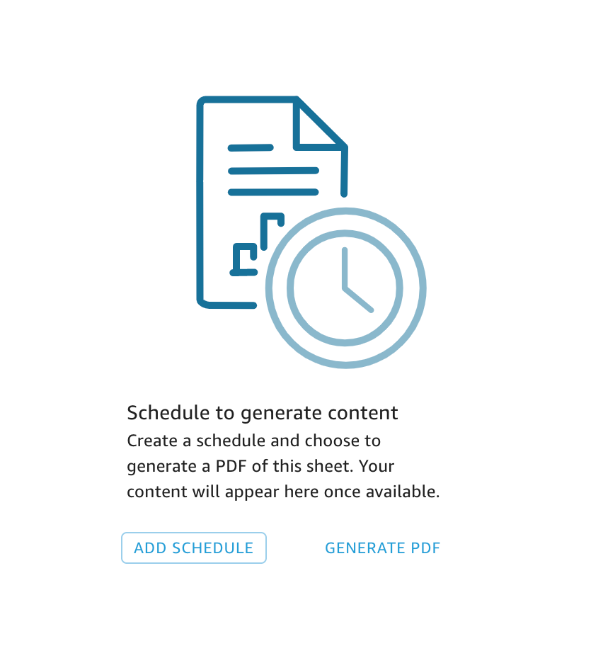Document icon with clock, indicating schedule to generate content with options to add schedule or generate PDF.
