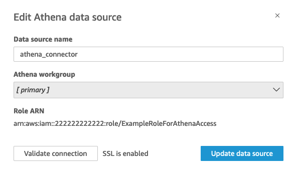 顯示角色 的 Edit Athena datadource 快顯視窗ARN。