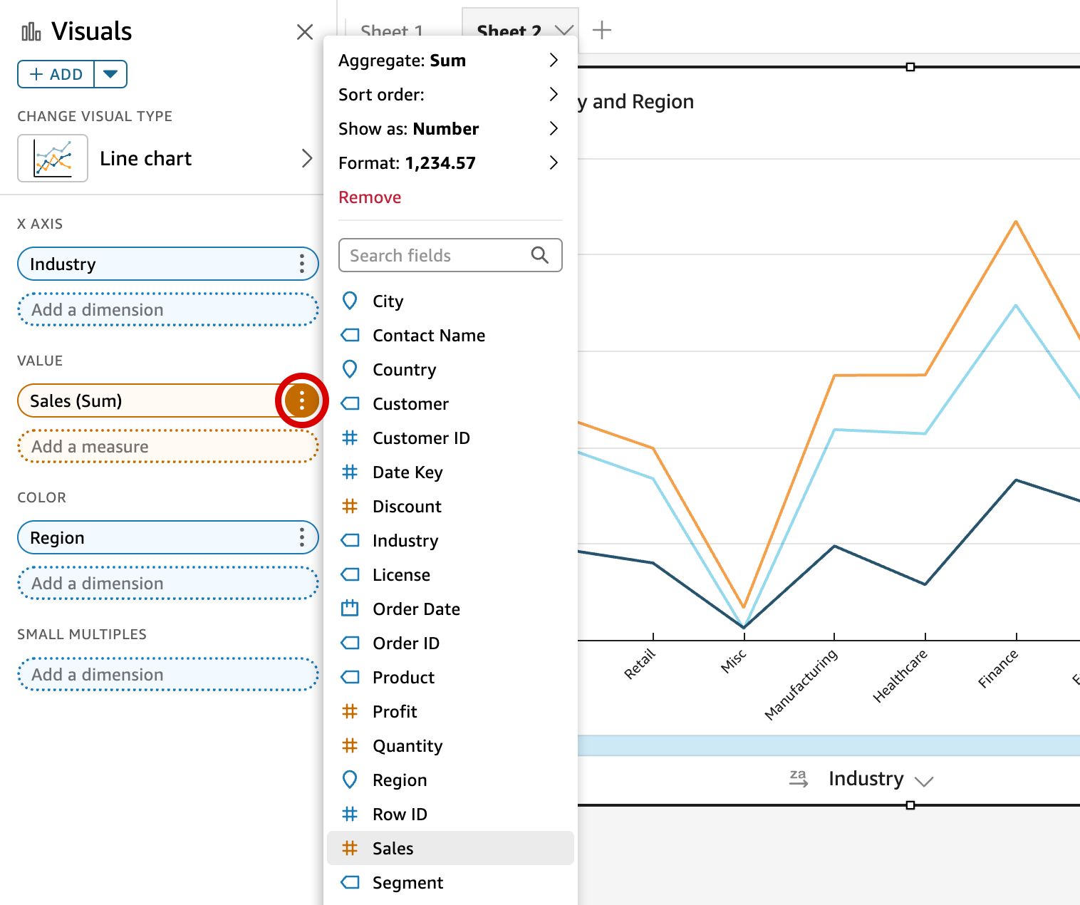 Line chart configuration panel showing options to customize axes, values, and visual elements.