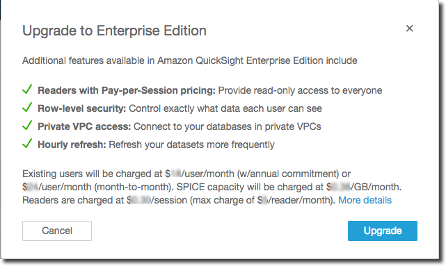 Upgrade dialog listing Enterprise Edition features and pricing information for QuickSight.